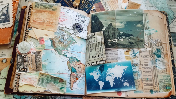 Collage of travel journal pages with photos, maps, and tickets