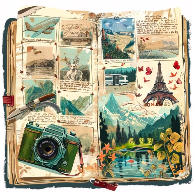 Illustrated travel journal with various entries