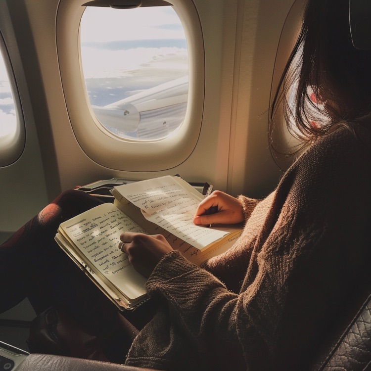 A person writing in a journal while traveling