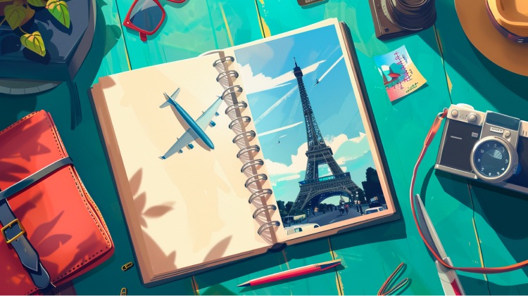 Printed travel journal on a table with travel souvenirs