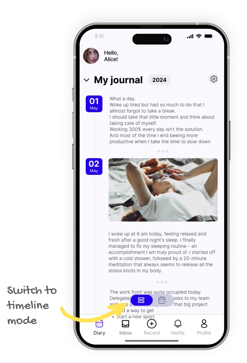 timeline mode journaling app